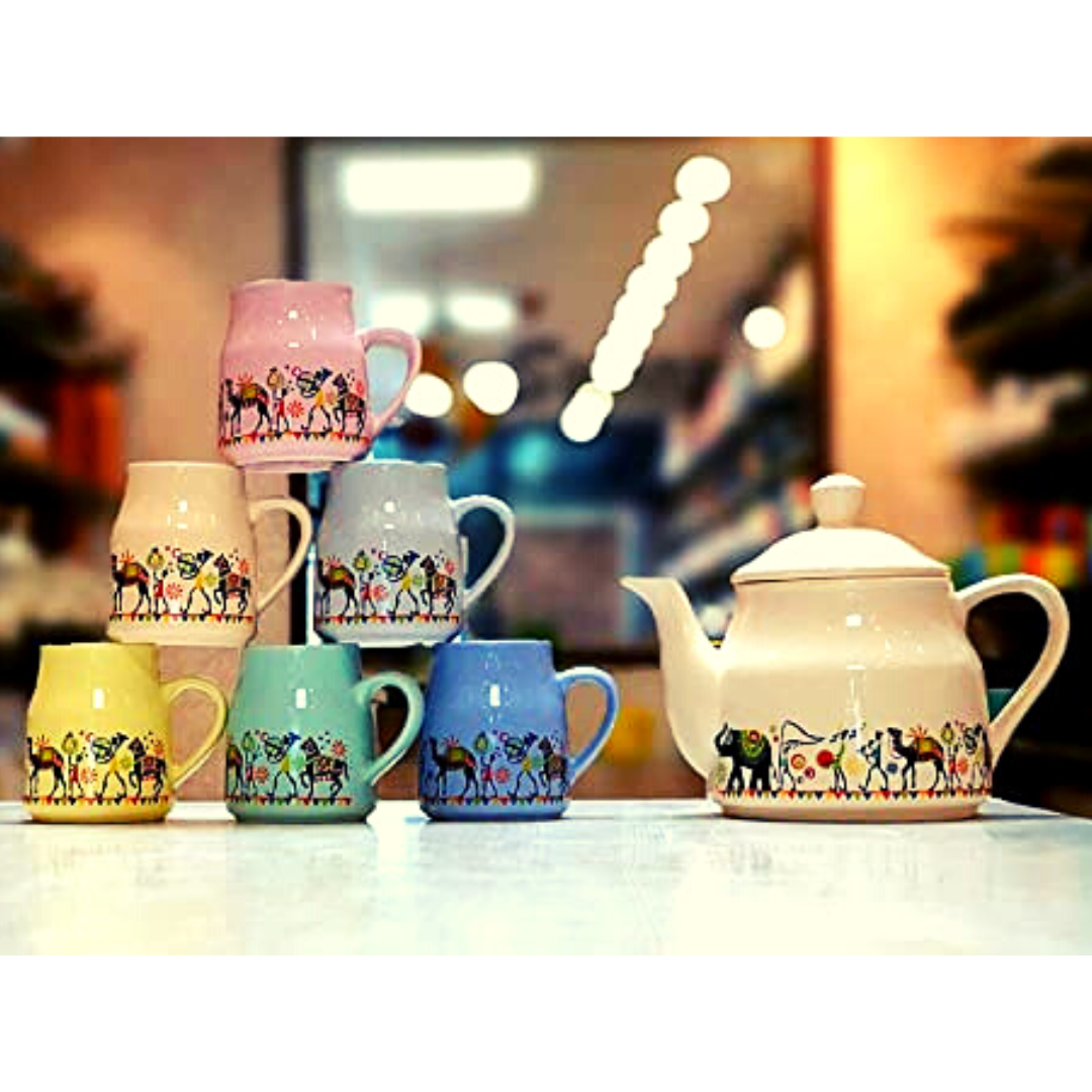 Homefrills Hand Painted Ceramic Tea Kettle Set with 6 Cups(150ml), 1 Kettle(400ml)Ceramic Good Morning Set- Set of 7 Colour-Multicolour,Microwave Safe